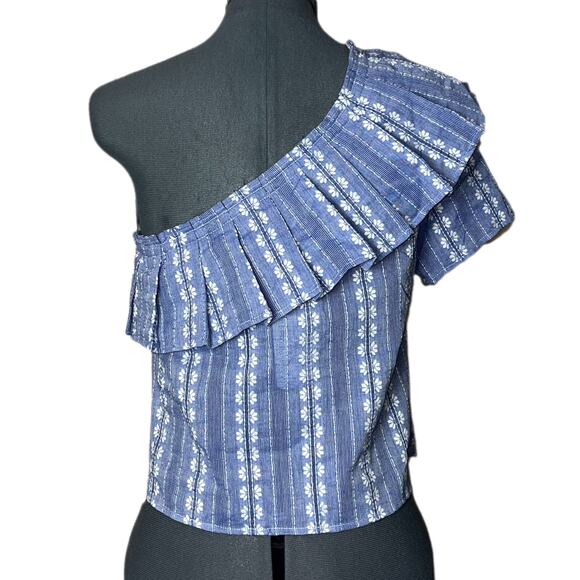 NWT Splendid one shoulder Ruffle top women’s size XS Blue and white - Picture 2 of 16